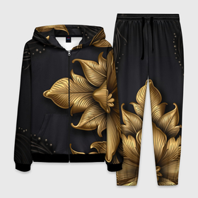 Мужской костюм 3D с принтом Золотые объемные листья на черном фоне в Екатеринбурге, 100% полиэстер | Манжеты и пояс оформлены тканевой резинкой, двухслойный капюшон со шнурком для регулировки, карманы спереди | 