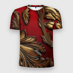 Мужская футболка 3D Slim с принтом Золотые объемные листья на красном фоне в Курске, 100% полиэстер с улучшенными характеристиками | приталенный силуэт, круглая горловина, широкие плечи, сужается к линии бедра | 