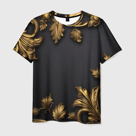 Мужская футболка 3D с принтом Золотые объемные листья в Ухте, 100% полиэфир | прямой крой, круглый вырез горловины, длина до линии бедер | 