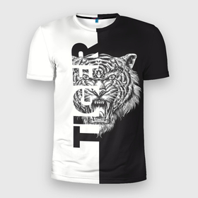 Мужская футболка 3D Slim с принтом Тигр  чёрно белое в Санкт-Петербурге, 100% полиэстер с улучшенными характеристиками | приталенный силуэт, круглая горловина, широкие плечи, сужается к линии бедра | Тематика изображения на принте: 