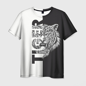 Мужская футболка 3D с принтом Тигр  чёрно белое в Санкт-Петербурге, 100% полиэфир | прямой крой, круглый вырез горловины, длина до линии бедер | Тематика изображения на принте: 