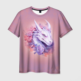 Мужская футболка 3D с принтом Дракон с цветами , 100% полиэфир | прямой крой, круглый вырез горловины, длина до линии бедер | 