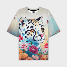 Мужская футболка oversize 3D с принтом Мультяшный леопард в цветах в Петрозаводске,  |  | Тематика изображения на принте: 