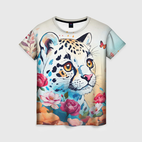 Женская футболка 3D с принтом Мультяшный леопард в цветах , 100% полиэфир ( синтетическое хлопкоподобное полотно) | прямой крой, круглый вырез горловины, длина до линии бедер | 