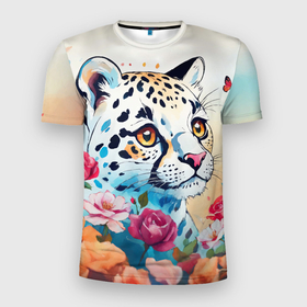 Мужская футболка 3D Slim с принтом Мультяшный леопард в цветах в Санкт-Петербурге, 100% полиэстер с улучшенными характеристиками | приталенный силуэт, круглая горловина, широкие плечи, сужается к линии бедра | 