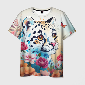 Мужская футболка 3D с принтом Мультяшный леопард в цветах в Петрозаводске, 100% полиэфир | прямой крой, круглый вырез горловины, длина до линии бедер | Тематика изображения на принте: 