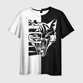 Мужская футболка 3D с принтом Волк   чёрно белое в Екатеринбурге, 100% полиэфир | прямой крой, круглый вырез горловины, длина до линии бедер | Тематика изображения на принте: 