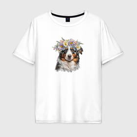 Мужская футболка хлопок Oversize с принтом Австралийская овчарка аусси в цветочном венке в Курске, 100% хлопок | свободный крой, круглый ворот, “спинка” длиннее передней части | 
