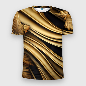 Мужская футболка 3D Slim с принтом Золотая  объемная  абстракция в Кировске, 100% полиэстер с улучшенными характеристиками | приталенный силуэт, круглая горловина, широкие плечи, сужается к линии бедра | 