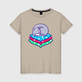 Женская футболка хлопок с принтом Котёнок спит в Петрозаводске, 100% хлопок | прямой крой, круглый вырез горловины, длина до линии бедер, слегка спущенное плечо | 