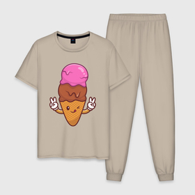 Мужская пижама хлопок с принтом Happy ice cream в Петрозаводске, 100% хлопок | брюки и футболка прямого кроя, без карманов, на брюках мягкая резинка на поясе и по низу штанин
 | Тематика изображения на принте: 