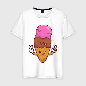 Мужская футболка хлопок с принтом Happy ice cream в Кировске, 100% хлопок | прямой крой, круглый вырез горловины, длина до линии бедер, слегка спущенное плечо. | 