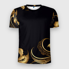Мужская футболка 3D Slim с принтом Золотистые объемные  листья и узоры в Новосибирске, 100% полиэстер с улучшенными характеристиками | приталенный силуэт, круглая горловина, широкие плечи, сужается к линии бедра | 