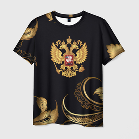 Мужская футболка 3D с принтом Золотой герб России и объемные листья в Санкт-Петербурге, 100% полиэфир | прямой крой, круглый вырез горловины, длина до линии бедер | Тематика изображения на принте: 