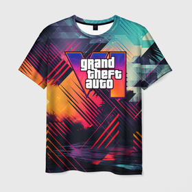 Мужская футболка 3D с принтом GTA 6 abstract logo , 100% полиэфир | прямой крой, круглый вырез горловины, длина до линии бедер | Тематика изображения на принте: 