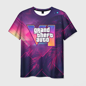 Мужская футболка 3D с принтом GTA 6 summer logo , 100% полиэфир | прямой крой, круглый вырез горловины, длина до линии бедер | 