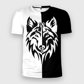 Мужская футболка 3D Slim с принтом Волк чёрно белый в Белгороде, 100% полиэстер с улучшенными характеристиками | приталенный силуэт, круглая горловина, широкие плечи, сужается к линии бедра | 