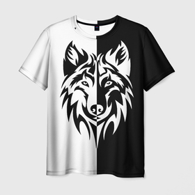 Мужская футболка 3D с принтом Волк чёрно белый в Екатеринбурге, 100% полиэфир | прямой крой, круглый вырез горловины, длина до линии бедер | Тематика изображения на принте: 