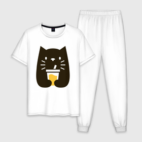 Мужская пижама хлопок с принтом Котик с напитком в Белгороде, 100% хлопок | брюки и футболка прямого кроя, без карманов, на брюках мягкая резинка на поясе и по низу штанин
 | 