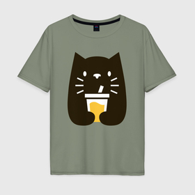 Мужская футболка хлопок Oversize с принтом Котик с напитком в Новосибирске, 100% хлопок | свободный крой, круглый ворот, “спинка” длиннее передней части | 