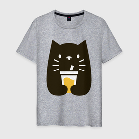 Мужская футболка хлопок с принтом Котик с напитком в Белгороде, 100% хлопок | прямой крой, круглый вырез горловины, длина до линии бедер, слегка спущенное плечо. | 