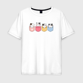 Мужская футболка хлопок Oversize с принтом Котята в кармашках в Санкт-Петербурге, 100% хлопок | свободный крой, круглый ворот, “спинка” длиннее передней части | 