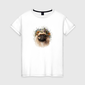Женская футболка хлопок с принтом Пекинес в цветах в Белгороде, 100% хлопок | прямой крой, круглый вырез горловины, длина до линии бедер, слегка спущенное плечо | 