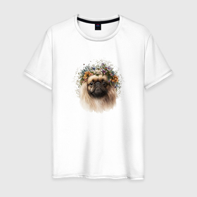 Мужская футболка хлопок с принтом Пекинес в цветах в Петрозаводске, 100% хлопок | прямой крой, круглый вырез горловины, длина до линии бедер, слегка спущенное плечо. | 