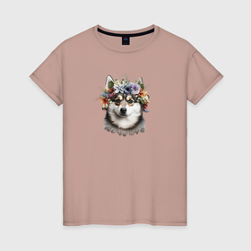 Женская футболка хлопок с принтом Помски в цветочном венке в Петрозаводске, 100% хлопок | прямой крой, круглый вырез горловины, длина до линии бедер, слегка спущенное плечо | 