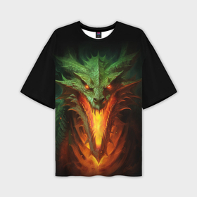 Мужская футболка oversize 3D с принтом Зеленый огнедышащий дракон в Санкт-Петербурге,  |  | Тематика изображения на принте: 