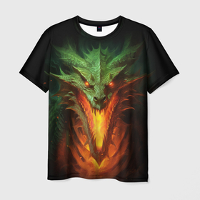 Мужская футболка 3D с принтом Зеленый огнедышащий дракон в Санкт-Петербурге, 100% полиэфир | прямой крой, круглый вырез горловины, длина до линии бедер | Тематика изображения на принте: 