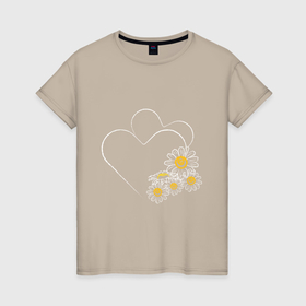 Женская футболка хлопок с принтом Сердце в ромашках в Курске, 100% хлопок | прямой крой, круглый вырез горловины, длина до линии бедер, слегка спущенное плечо | 