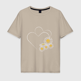 Мужская футболка хлопок Oversize с принтом Сердце в ромашках в Тюмени, 100% хлопок | свободный крой, круглый ворот, “спинка” длиннее передней части | Тематика изображения на принте: 