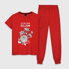 Женская пижама хлопок с принтом Create your own dream в Новосибирске, 100% хлопок | брюки и футболка прямого кроя, без карманов, на брюках мягкая резинка на поясе и по низу штанин | 