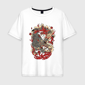 Мужская футболка хлопок Oversize с принтом Схватка тигра и дракона в Тюмени, 100% хлопок | свободный крой, круглый ворот, “спинка” длиннее передней части | 