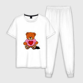 Мужская пижама хлопок с принтом Плюшевый мишка с сердечком , 100% хлопок | брюки и футболка прямого кроя, без карманов, на брюках мягкая резинка на поясе и по низу штанин
 | Тематика изображения на принте: 