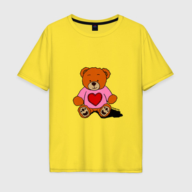 Мужская футболка хлопок Oversize с принтом Плюшевый мишка с сердечком , 100% хлопок | свободный крой, круглый ворот, “спинка” длиннее передней части | Тематика изображения на принте: 