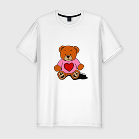 Мужская футболка хлопок Slim с принтом Плюшевый мишка с сердечком в Екатеринбурге, 92% хлопок, 8% лайкра | приталенный силуэт, круглый вырез ворота, длина до линии бедра, короткий рукав | 