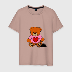Мужская футболка хлопок с принтом Плюшевый мишка с сердечком , 100% хлопок | прямой крой, круглый вырез горловины, длина до линии бедер, слегка спущенное плечо. | 