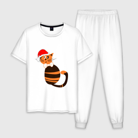 Мужская пижама хлопок с принтом Рыжий кот в Новый год в Петрозаводске, 100% хлопок | брюки и футболка прямого кроя, без карманов, на брюках мягкая резинка на поясе и по низу штанин
 | 