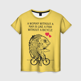 Женская футболка 3D с принтом Девушка   рыба без велосипеда в Петрозаводске, 100% полиэфир ( синтетическое хлопкоподобное полотно) | прямой крой, круглый вырез горловины, длина до линии бедер | 