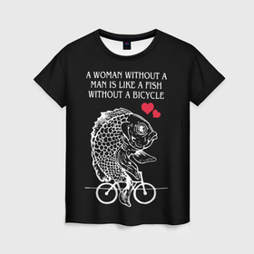 Женская футболка 3D с принтом Рыба феминистка едет на велосипеде в Белгороде, 100% полиэфир ( синтетическое хлопкоподобное полотно) | прямой крой, круглый вырез горловины, длина до линии бедер | 