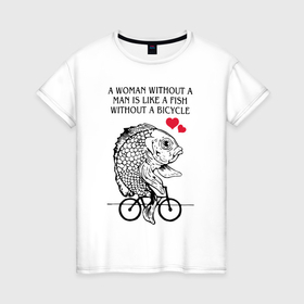 Женская футболка хлопок с принтом Рыбка феминиска на велосипеде в Рязани, 100% хлопок | прямой крой, круглый вырез горловины, длина до линии бедер, слегка спущенное плечо | 