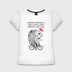Женская футболка хлопок Slim с принтом Рыбка феминиска на велосипеде в Курске,  |  | Тематика изображения на принте: 
