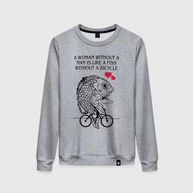 Женский свитшот хлопок с принтом Рыбка феминиска на велосипеде в Курске, 100% хлопок | прямой крой, круглый вырез, на манжетах и по низу широкая трикотажная резинка  | 