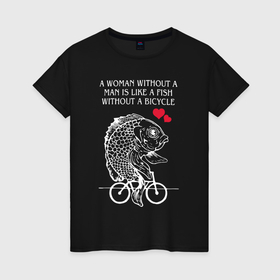 Женская футболка хлопок с принтом Рыбка едет на велосипеде в Рязани, 100% хлопок | прямой крой, круглый вырез горловины, длина до линии бедер, слегка спущенное плечо | 