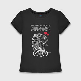 Женская футболка хлопок Slim с принтом Рыбка едет на велосипеде в Санкт-Петербурге,  |  | 