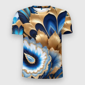 Мужская футболка 3D Slim с принтом Королевский синий с золотом в Новосибирске, 100% полиэстер с улучшенными характеристиками | приталенный силуэт, круглая горловина, широкие плечи, сужается к линии бедра | 