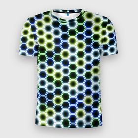 Мужская футболка 3D Slim с принтом Светящиеся неоновые соты   паттерн гексагонов в Кировске, 100% полиэстер с улучшенными характеристиками | приталенный силуэт, круглая горловина, широкие плечи, сужается к линии бедра | 