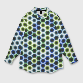 Мужская рубашка oversize 3D с принтом Светящиеся неоновые соты   паттерн гексагонов в Кировске,  |  | 